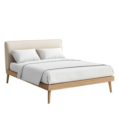 Fototapeta premium Modern wooden bed with beige headboard and crisp white bedding