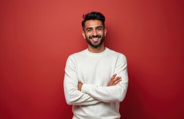 Obraz premium Handsome young arabian man poses on camera with folded arms and smile. Confident male wears white sweater on red background. Happy guy shows joy. Perfect for social media, ads, marketing.
