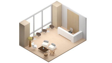 Isometric view of a office space and reception area, 3d rendering.