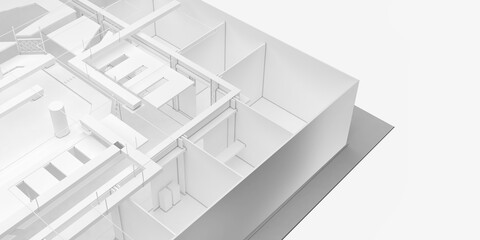 Isometric view of interior architecture and white space for graphic design, 3D rendering.