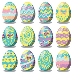 Set of 12 color Easter Eggs with Butterfly illustration pattern isolated in white background. Design elements for holiday cards. Easter collection with butterfly illustration. Vector illustration