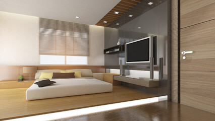 wooden floor and wardrobe in a contemporary bedroom.,3d rendering