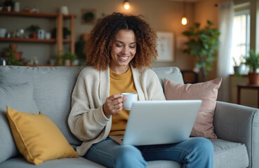 Obraz premium Young woman in casual wear sits on grey sofa using laptop computer drink coffee at home. Female works online in living room, rests, relaxes. Freelance, remote work concept. Cozy home apartment