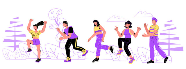 Group of marathon runners, people running in the park, flat vector illustration isolated on white. Running and jogging male and female characters, vector illustration isolated on white background.