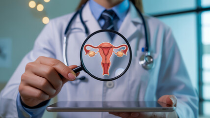A medical professional wearing a white lab coat and dark tie holds a magnifying glass over a digital tablet.