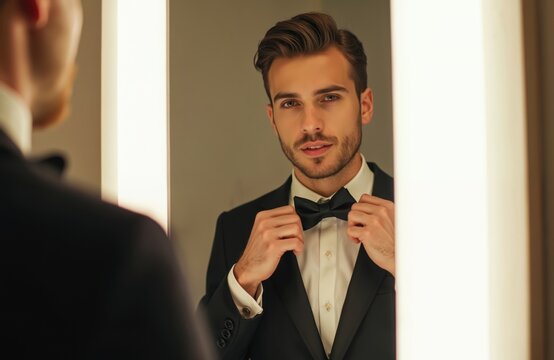 Handsome man in tuxedo adjusts bow tie in front of mirror. Groom getting ready for special occasion, ceremony, wedding. Elegant, stylish, sophisticated look, fashion detail. Formal attire. - Powered by Adobe