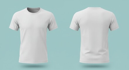 Blank White T-Shirt Mockup Displaying Front and Back Views, Isolated on Soft Cyan Background with Realistic Fabric Texture and Studio Lighting