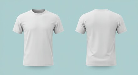 Blank White T-Shirt Mockup Displaying Front and Back Views, Isolated on Soft Cyan Background with Realistic Fabric Texture and Studio Lighting