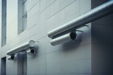 Metal ventilation pipes attached to a modern building's exterior, showcasing industrial design and functionality