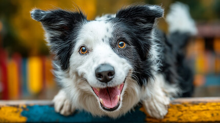 A delightful Border Collie dog with expressive eyes and a joyful smile gazes forward, embodying pure canine happiness.