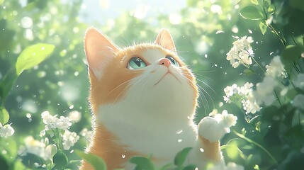 A beautiful anime cat with pale, flowing fur, and big blue eyes. 