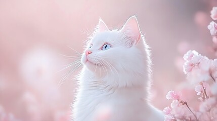 A beautiful anime cat with pale, flowing fur, and big blue eyes. 