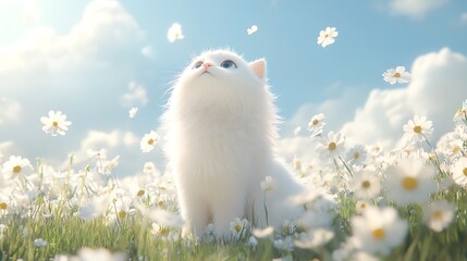 A beautiful anime cat with pale, flowing fur, and big blue eyes. 