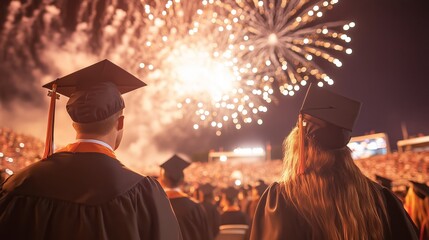 Graduation ceremony celebration with fireworks lighting up the night sky