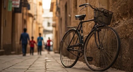 Bicycle on Cobblestone Street with People Walking