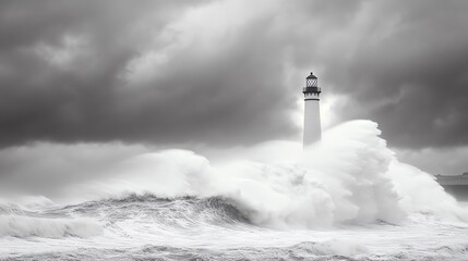 Unwavering and eternal: The lighthouse's golden beam offered serenity as it met the fury of the tumultuous, frothy waves.
