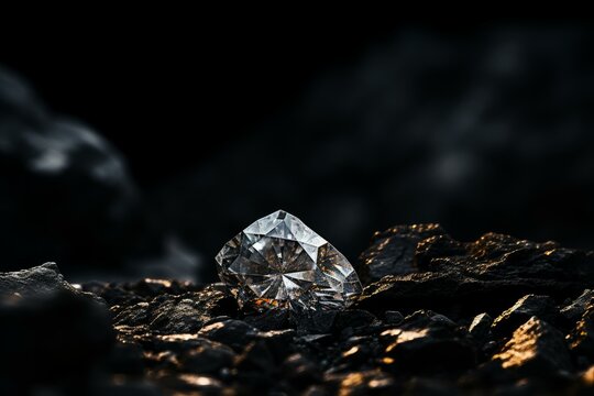 Close up of a large, sparkling diamond nestled in a pile of black coal, symbolizing unearthed treasure and the contrast between raw material and refined luxury