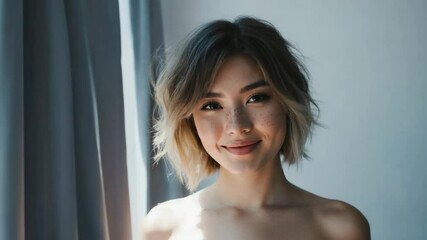 A portrait of a beautiful woman indoors, her natural beauty accentuated by the soft, diffused light coming through the window, she is smiling gently. - Powered by Adobe