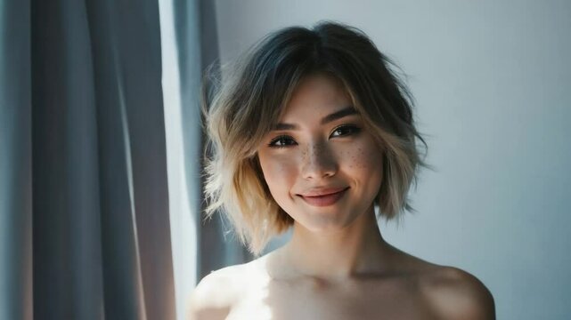 A portrait of a beautiful woman indoors, her natural beauty accentuated by the soft, diffused light coming through the window, she is smiling gently.