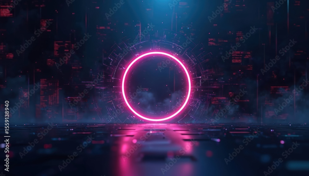 Aufkleber dark tech abstract background with neon glow. cyber circle laser figure on abstract background. digi