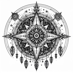 Detailed Geometric Star Compass Design with Feathers in Black and White