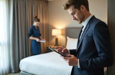 Young male manager using digital tablet in modern hotel room. Checking guest list with chambermaid on background. Hotel business concept hospitality, technology, management and service.