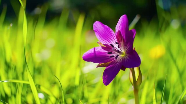 Purple Spring Crocus Flower Blooming Timelapse in Sunny Green Meadow