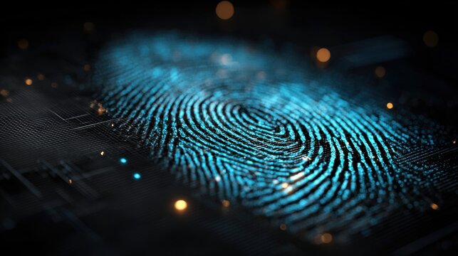 A glowing blue fingerprint appears on a dark surface, symbolizing biometric technology and security measures. The intricate patterns highlight the advanced design of digital identification systems.