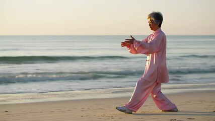 Senior Asian Woman Practicing Tai Chi on Beach During Golden Sunrise - Powered by Adobe