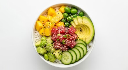 Delicious poke bowl with fresh tuna, avocado, mango and healthy vegetables
