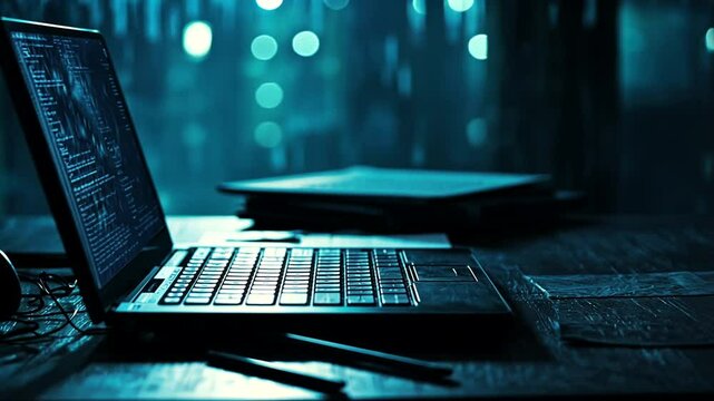 A dimly lit workspace featuring a laptop displaying code, surrounded by stacks of documents
