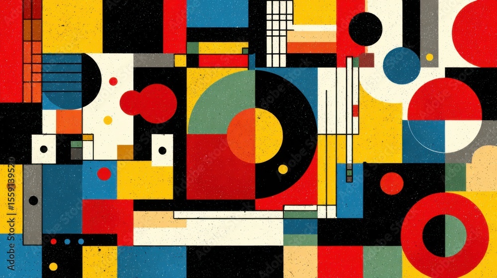 Poster a vivid abstract composition features a harmonious blend of geometric shapes and colors. circles, sq