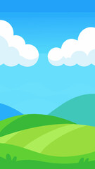 Cartoon Landscape with Green Hills Blue Sky and White Clouds