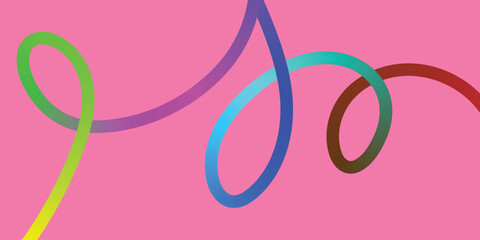 Vibrant abstract shapes in bright colors against a pink background. A dynamic composition of colorful, curved lines and shapes in various shades of pink, blue, green, purple, and brown on a solid pink