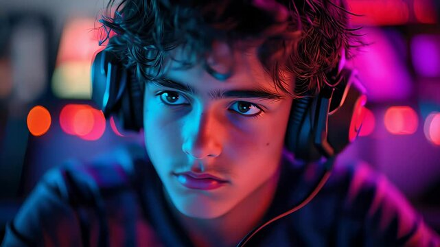 A young man wearing headphones is looking at the camera. The image has a moody and intense feel to it, as if the boy is fully immersed in whatever he is doing