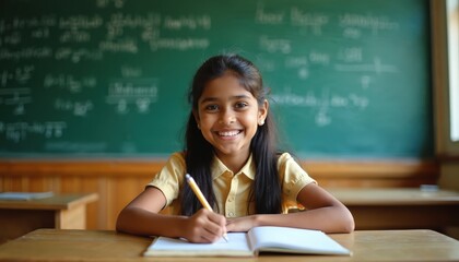 Smiling indian schoolgirl writes in notebook at desk in classroom. Young indian pupil smiles with pencil and paper studying near blackboard in school. Education concept.
