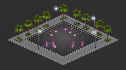 Isometric Parking Lot with Palm Trees and Glowing Lights, Night Scene.