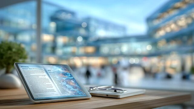 Medical research journal and tablet on doctor&rsquo;s desk, knowledge meets modern tools.