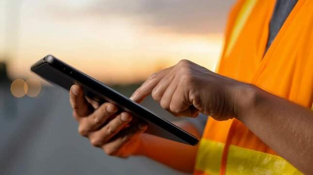 Person using tablet outdoors safety vest during sunset, focused digital device and technology, communication enhanced by hand interaction calm outdoor environment with warm light and blurred