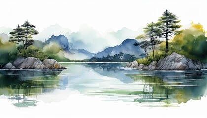 watercolor lake landscape isolated on white