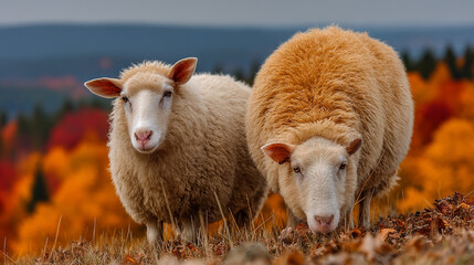 A pair of woolly sheep graze peacefully on a hill, surrounded by the warm hues of an autumn landscape.