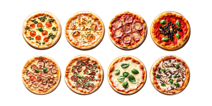 Pack Collection Delicious Pizza Variety Eight Gourmet Pies set against transparent background