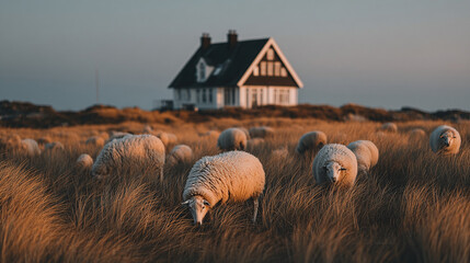 Fluffy sheep graze peacefully in a sun-kissed golden field with a charming farmhouse nestled in the distance