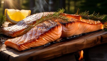 slow grilled salmon fillets resting on cedar planks capture sunlight and evoke summer s warmth