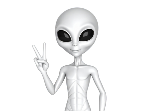 Alien holding peace sign in galaxy transparent background