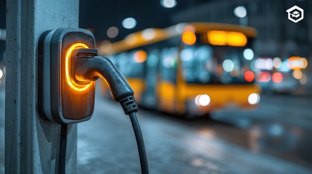 An electric bus charging station glows brightly at night, with a yellow bus waiting nearby in a city environment, showcasing advancements in sustainable public transport.
