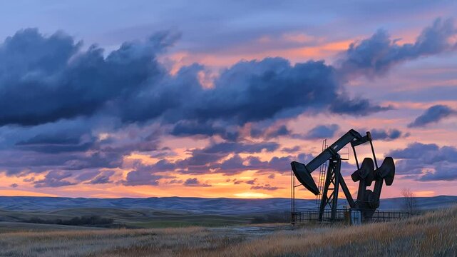Old oil pumpjack creaks in lonely prairie, weathered and rusted under dramatic skies.