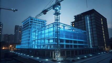 Modern skyscraper construction night cityscape