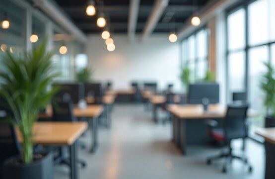 Blurred business office interior with tables chairs computers. Modern workplace design creates professional atmosphere. Minimalist decor suits digital tech, business presentations. Copy space