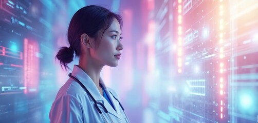Female medical expert interacts futuristic tech interface. Healthcare innovation. Digital healthcare concept. AI in medicine, modern innovations in biotechnology. Hologram, glowing light on purple